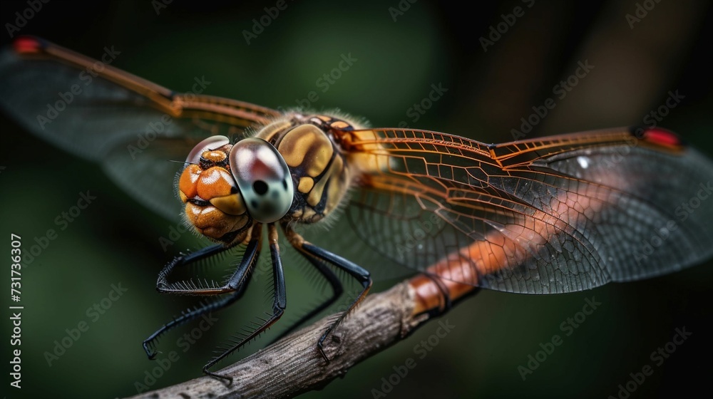 Macro shot of a vibrant dragonfly on a twig. AI-generated. Macro shot of a vibrant dragonfly on a twig. AI-generated.