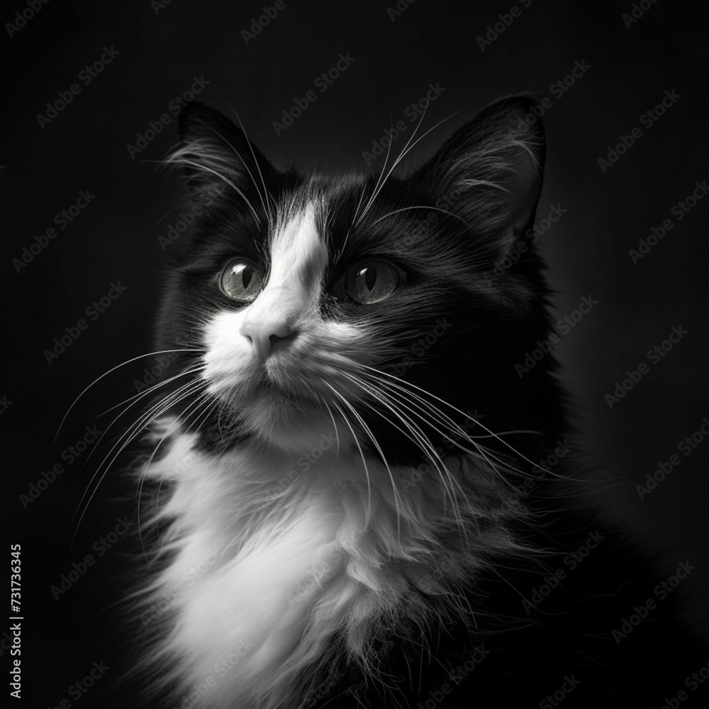 AI generated illustration of a furred cat in grayscale AI generated illustration of a furred cat in grayscale