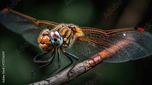 Macro shot of a vibrant dragonfly on a twig. AI-generated. © Wirestock