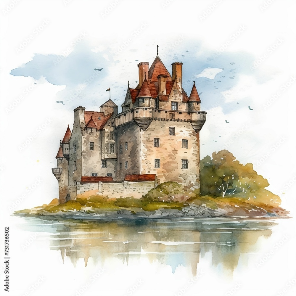 AI generated illustration of a majestic castle near a lake in a watercolor style