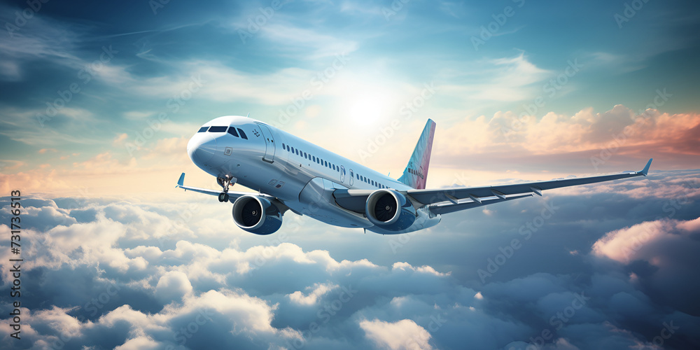 Flying airplane airplane concept booking service travel  beautiful sunlight flying above clouds.blue sky background