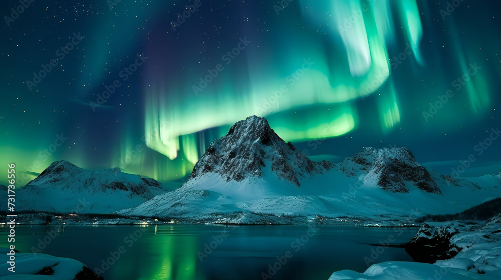 AI generated illustration of vivid aurora lights illuminating the snow-covered mountains