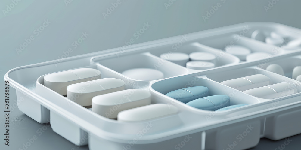 Fototapeta premium 3d close-up of a pill organizer filled with various colored tablets or capsules, medication management. Organized Medication in Pill Divider. 