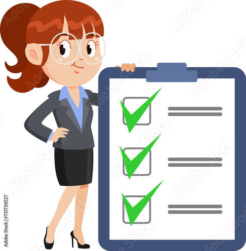 Smiling Business Woman Cartoon Character Holding A Big Clipboard. Vector Illustration Flat Design Isolated On Transparent Background