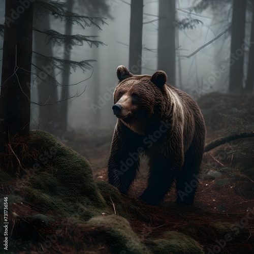 AI generated illustration of a brown bear in a forest surrounded by tall trees, moss and greenery
