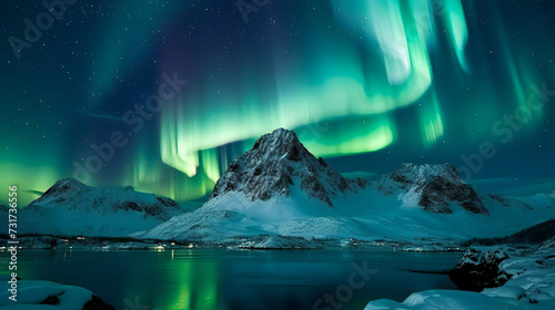 AI generated illustration of vivid aurora lights illuminating the snow-covered mountains © Wirestock