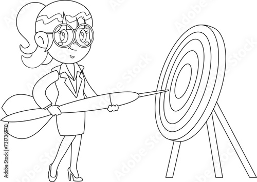 Outlined Business Woman Cartoon Character Holding Dart Arrow At Target. Vector Hand Drawn Illustration Isolated On Transparent Background