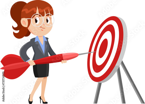 Business Woman Cartoon Character Holding Dart Arrow At Target. Vector Illustration Flat Design Isolated On Transparent Background