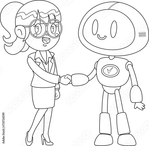 Outlined Business Woman And AI Robot Cartoon Characters Shaking Hands At Meeting. Vector Hand Drawn Illustration Isolated On Transparent Background