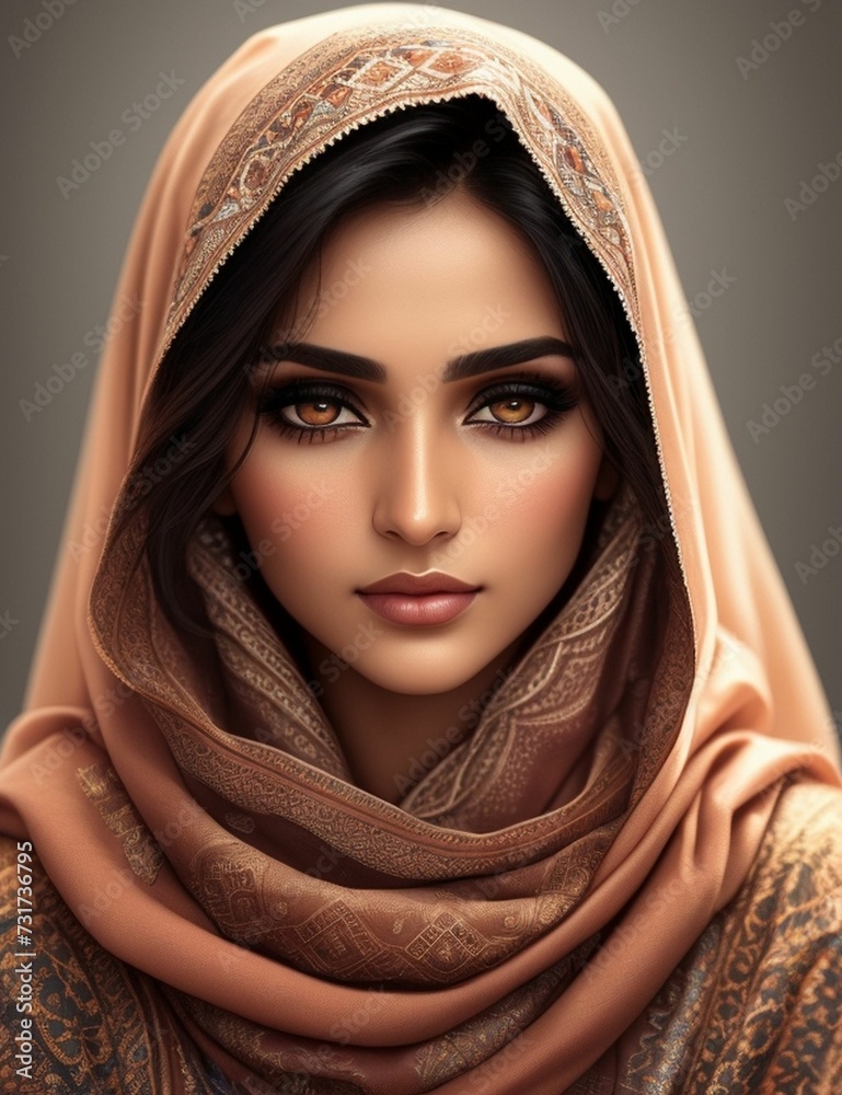 AI generated illustration of a portrait of a young woman wearing a printed headscarf AI generated illustration of a portrait of a young woman wearing a printed headscarf