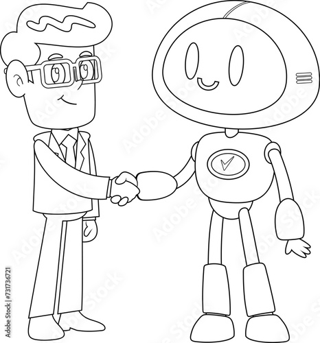 Outlined Businessman And AI Robot Cartoon Characters Shaking Hands At Meeting. Vector Hand Drawn Illustration Isolated On Transparent Background