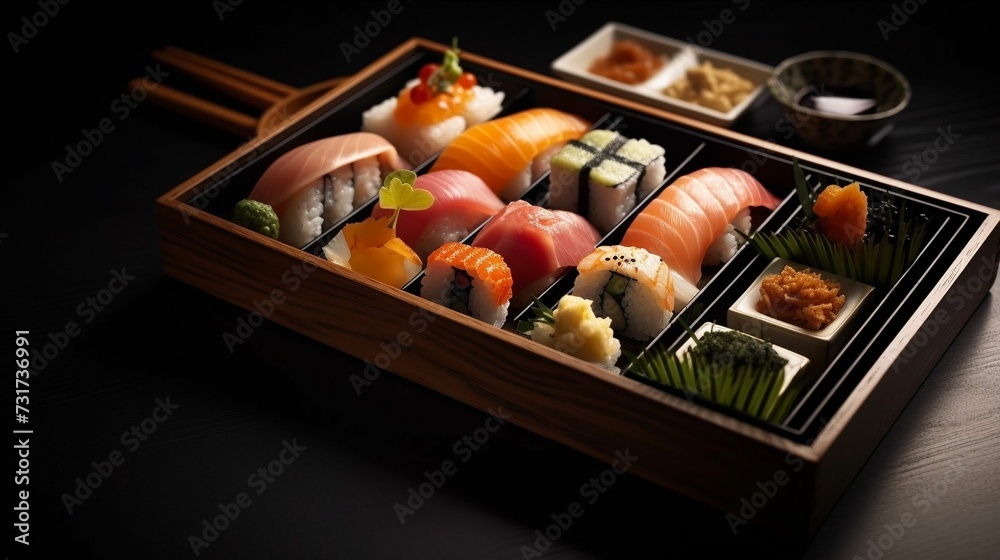AI generated illustration of fresh, delicious sushi platter with different types of sushi rolls AI generated illustration of fresh, delicious sushi platter with different types of sushi rolls