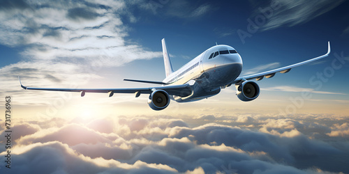 Commercial airplane jetliner passengers airplane flying fast flying above the clouds beautiful sunlight clouds blue sky background