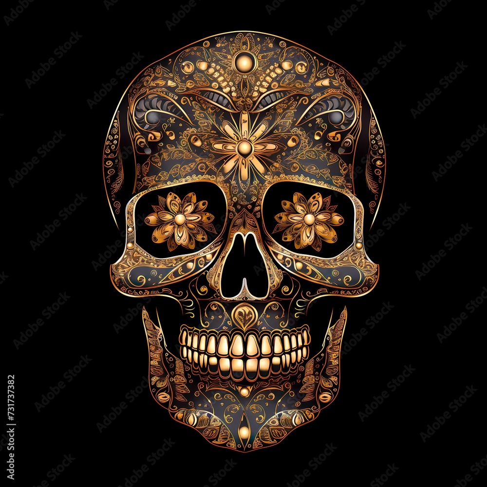 AI generated illustration of a human skull with intricate gold floral decorations