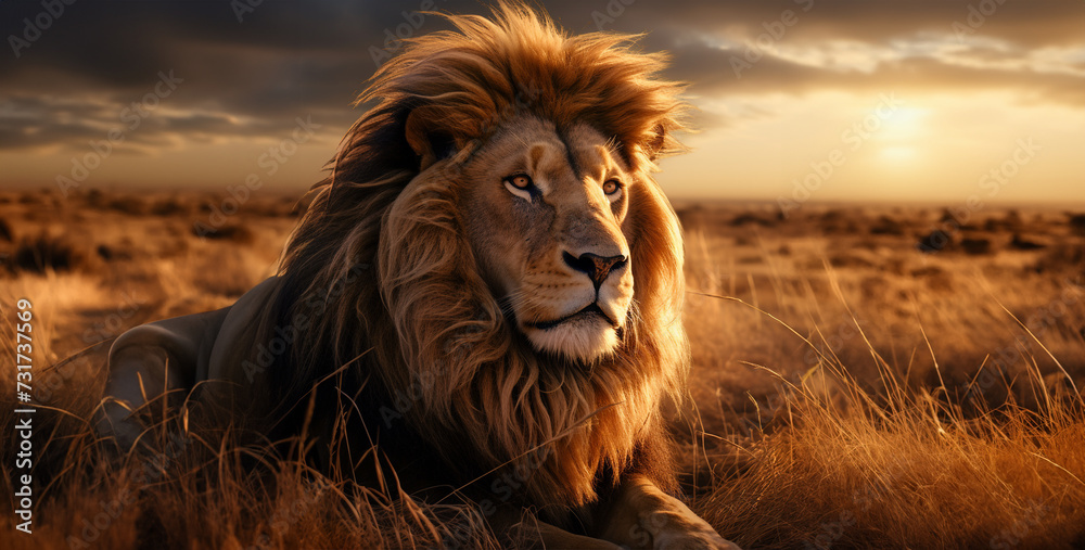 male lion in the sun, lion in the sunset, Lion in savannah sharper than reality - obrazy, fototapety, plakaty 