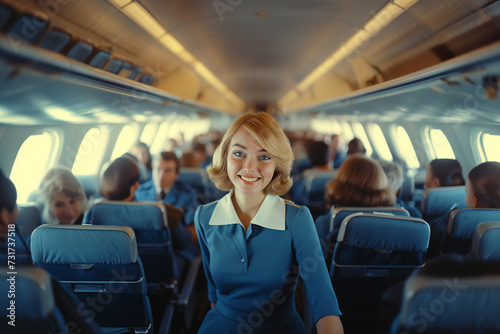 Portrait of smiling stewardess in airplane cabin with passengers in background