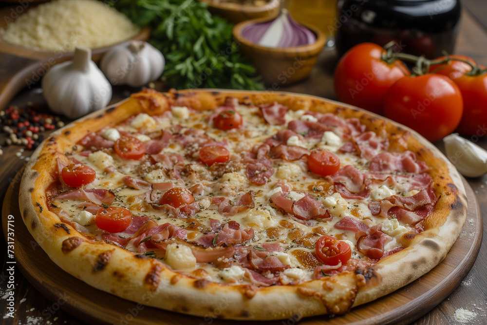 Pizza with ham, mozzarella cheese and cherry tomatoes on wooden table