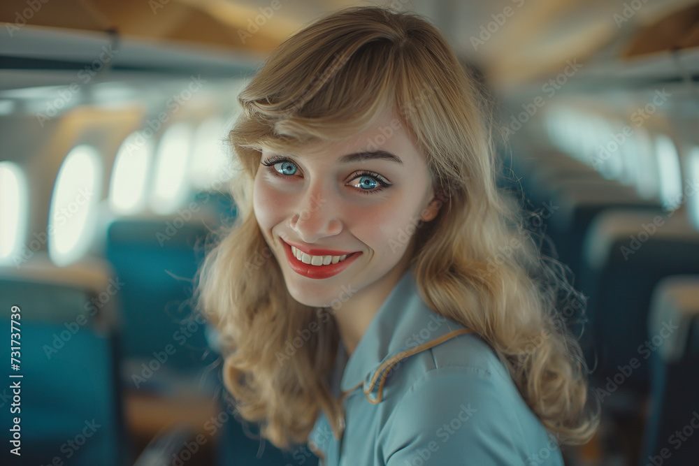 Close-up portrait of a beautiful blonde girl in the plane.