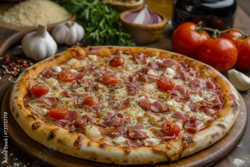 Pizza with ham, mozzarella cheese and cherry tomatoes on wooden table
