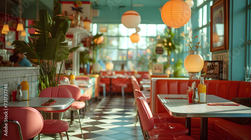 A retro-style diner, with checkered floors as the background, during a brunch gathering