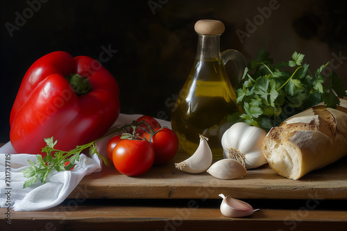 Composition of fresh vegetables, olive oil and bread on wooden background