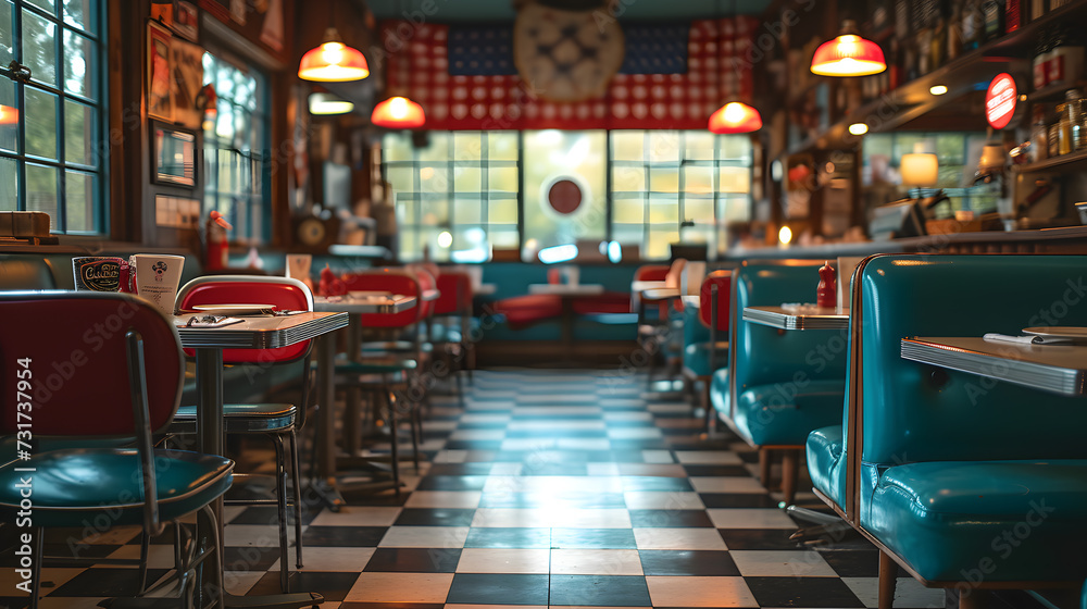 A retro-style diner, with checkered floors as the background, during a brunch gathering