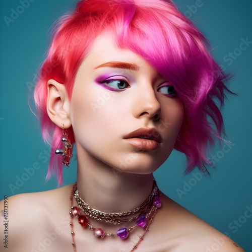 AI generated illustration of a confident young woman with pink hair and unique jewelry