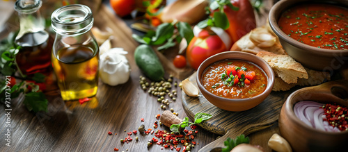 Tomato gazpacho soup with ingredients on a wooden background