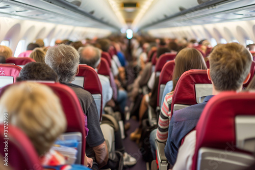 Passengers in airplane cabin. Airplane interior with seats and people