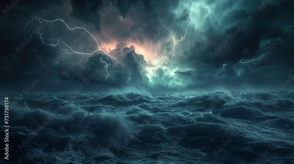 Dramatic view of a nocturnal ocean storm, with lightning illuminating dark, heavy clouds and rough seas. 8k