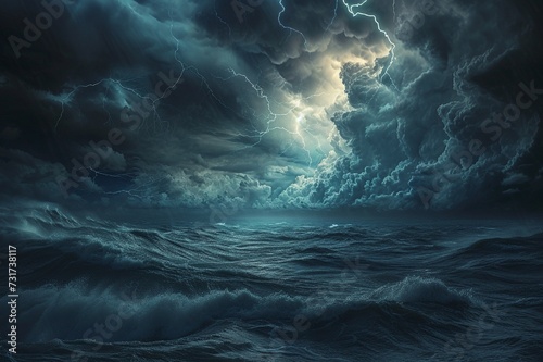 Dramatic view of a nocturnal ocean storm, with lightning illuminating dark, heavy clouds and rough seas.