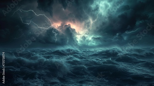 Dramatic view of a nocturnal ocean storm, with lightning illuminating dark, heavy clouds and rough seas. 8k