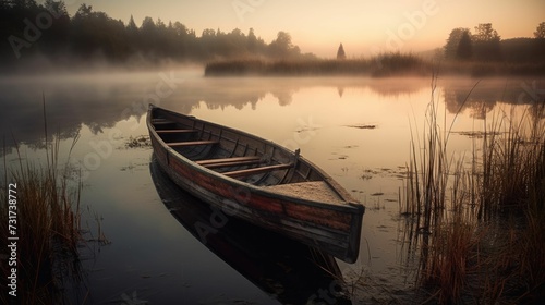 AI generated illustration of a small boat at the edge of a tranquil lake at sunrise
