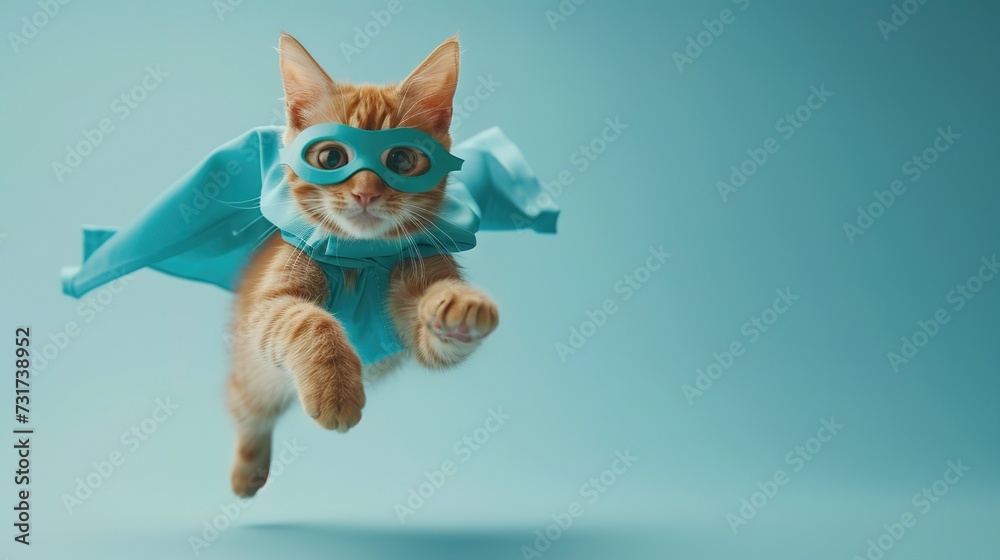 superhero cat, Cute orange tabby kitty with a blue cloak and mask jumping and flying on light blue background with copy space. The concept of a superhero, super cat, leader, funny animal studio shot