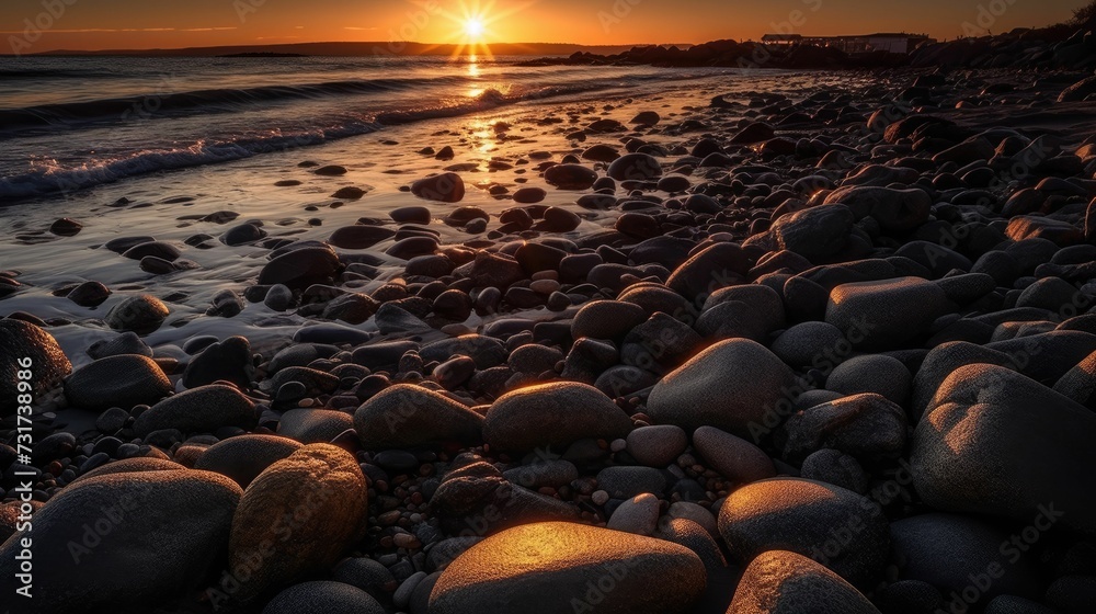 Fototapeta premium AI generated illustration of A beautiful sunset visible over an idyllic beach landscape