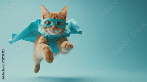 superhero cat  Cute orange tabby kitty with a blue cloak and mask jumping and flying on light blue background with copy space. The concept of a superhero  super cat  leader  funny animal studio shot