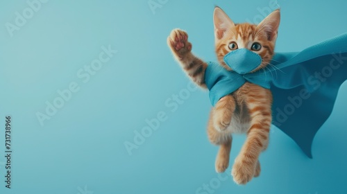 superhero cat, Cute orange tabby kitty with a blue cloak and mask jumping and flying on light blue background with copy space. The concept of a superhero, super cat, leader, funny animal studio shot © Jennifer