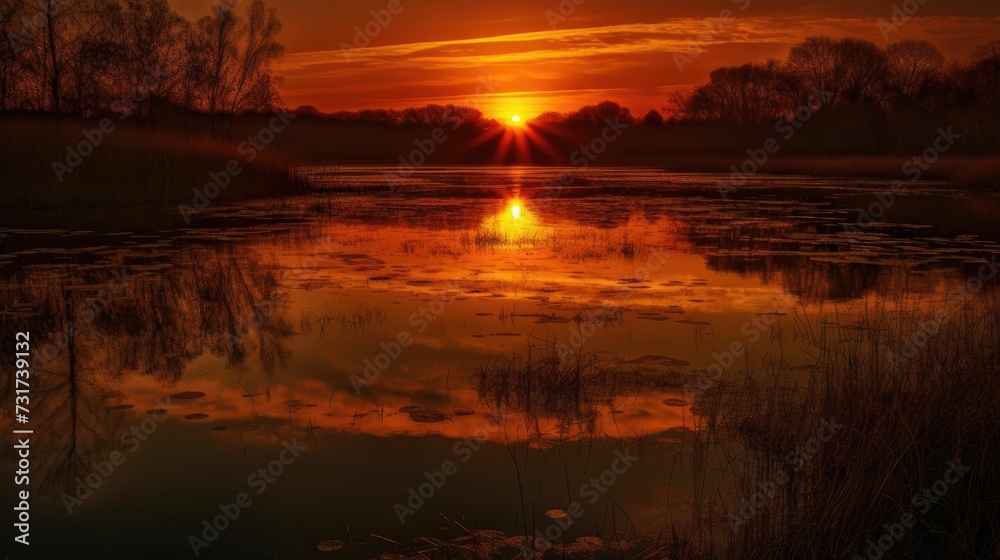 AI generated illustration of a sunset over a tranquil body of water surrounded by lush vegetation AI generated illustration of a sunset over a tranquil body of water surrounded by lush vegetation