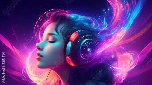 woman with headphone in vibrant color Mix background 