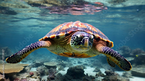 green turtle swimming in aquarium, Transport yourself to a world of wonder and diversity with the Corel Reef and its inhabitants photo