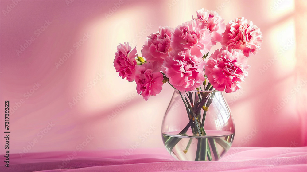 Bouquet of pink carnations in vase on pink background Bouquet of pink carnations in vase on pink background