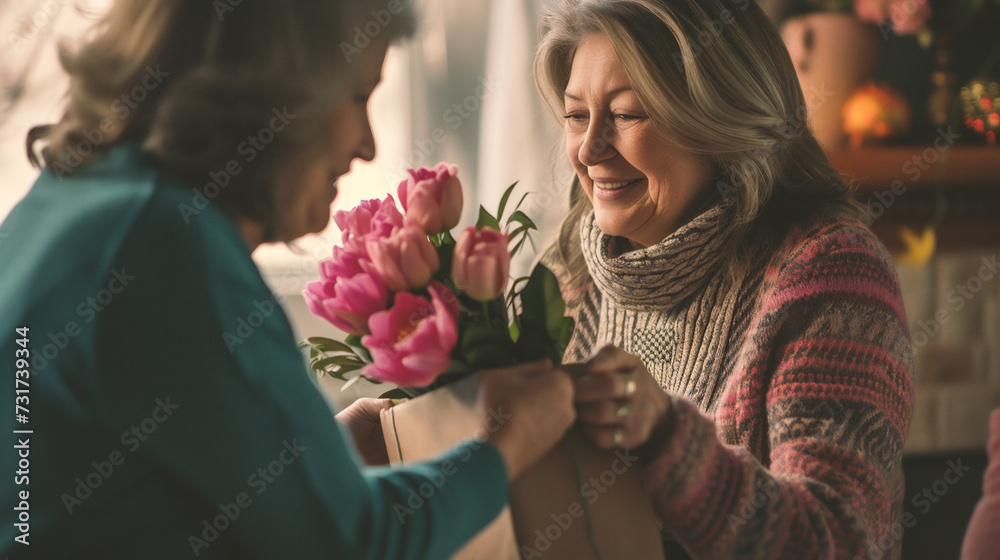 Beautiful senior woman receiving a bouquet of tulips at home
