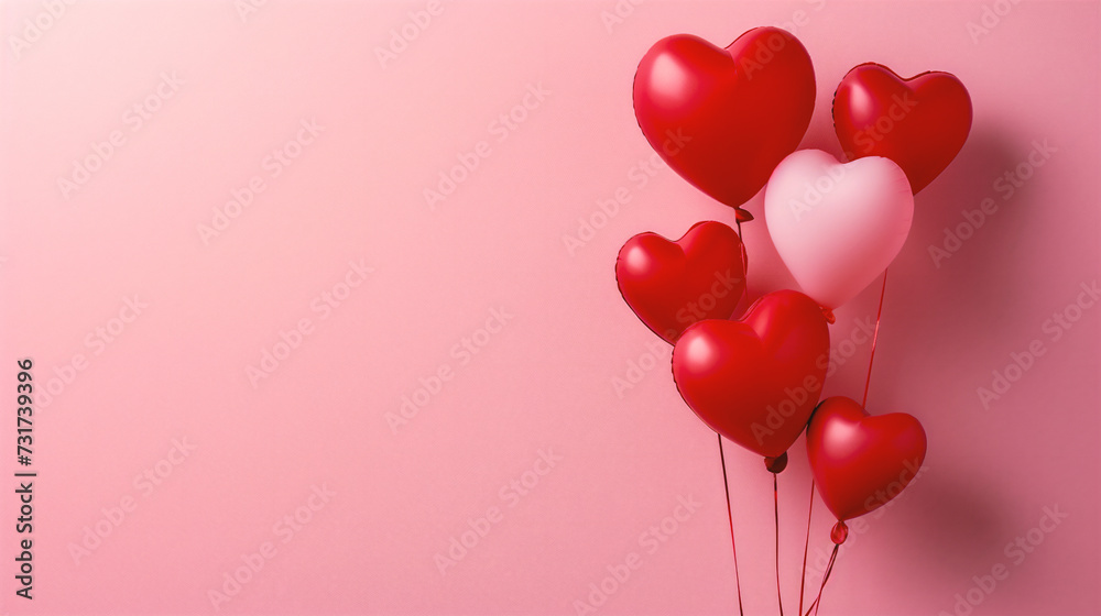 Valentine's day background with red heart balloons on pink background