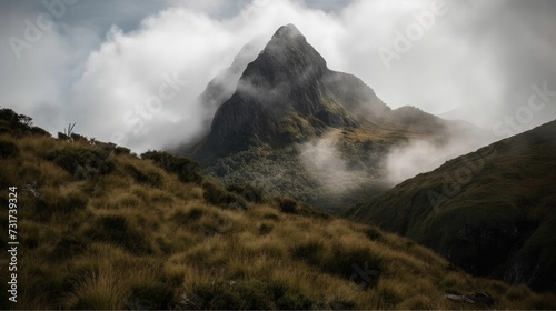 AI generated illustration of a scenic view of a mountain range against a cloudy sky