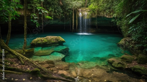 AI-generated illustration of a tranquil body of water surrounded by lush greenery.