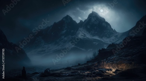 AI-generated illustration of mountains illuminated by soft moonlight.