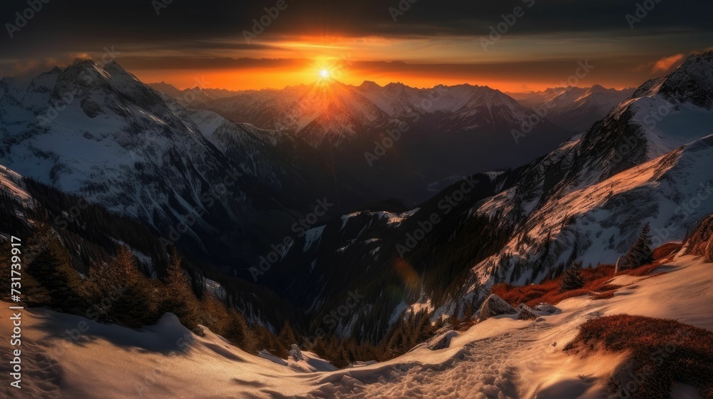 AI-generated illustration of a breathtaking sunset over a snow-covered mountain range.