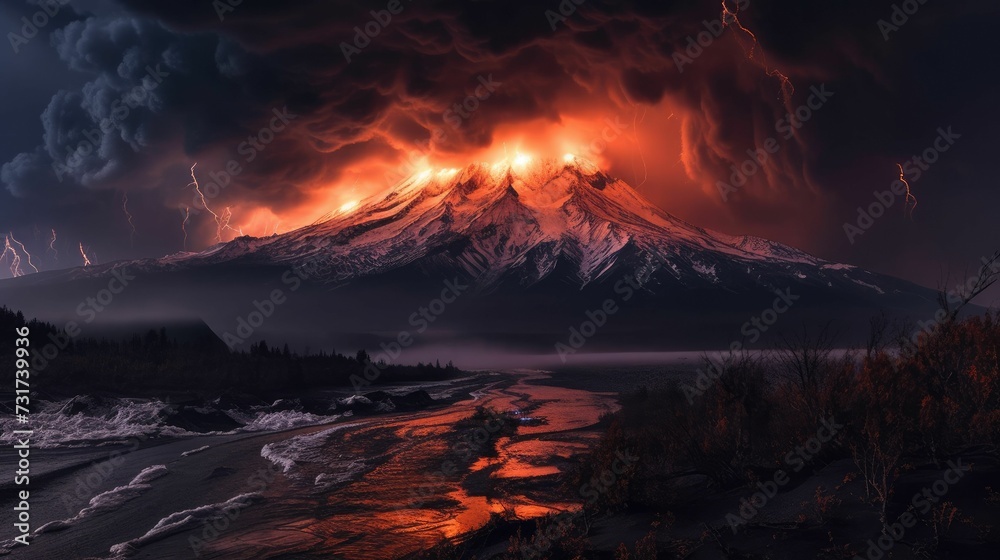 AI-generated illustration of a majestic volcano in the distance with bright lightning bolts.