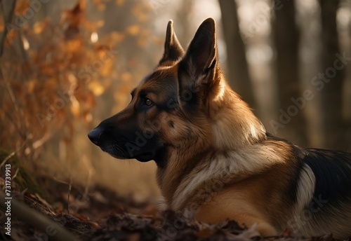 AI generated illustration of a German Shepherd dog in a sun-dappled forest