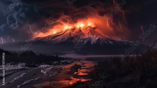 AI-generated illustration of a majestic volcano in the distance with bright lightning bolts.